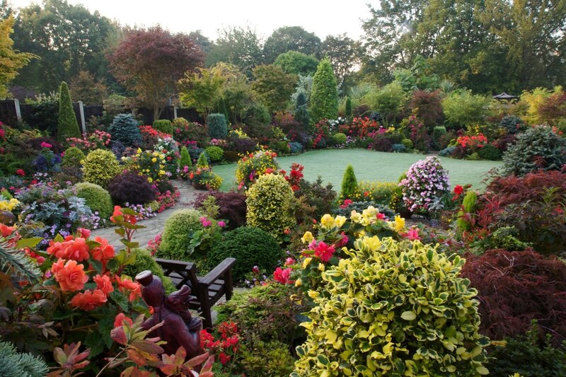 Colorful Garden with Bench — Green, Serene