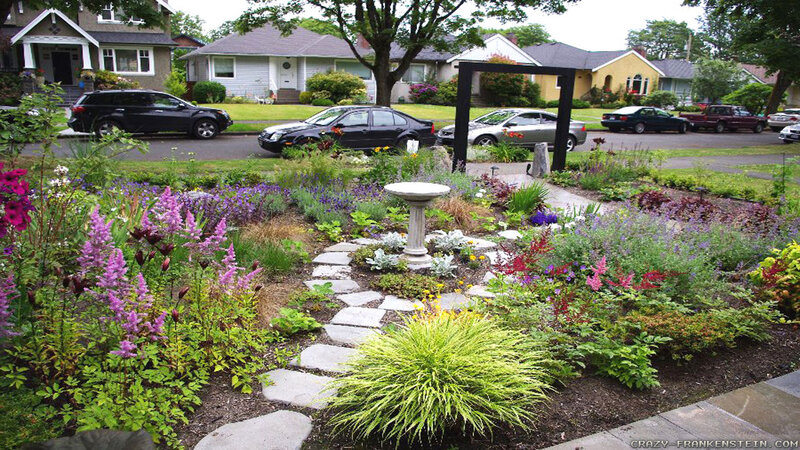 Colorful Garden with Birdbath