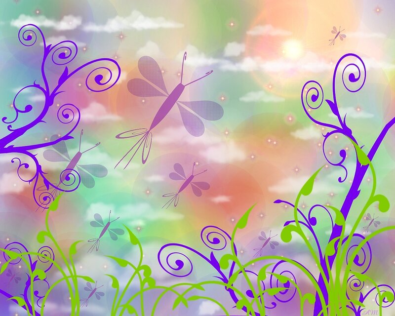 Colorful garden with dragonflies