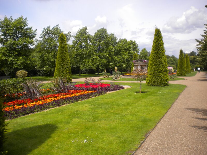 colorful garden with flower beds