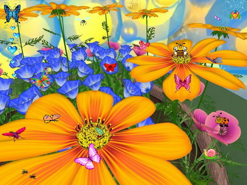 colorful garden with flowers and insects