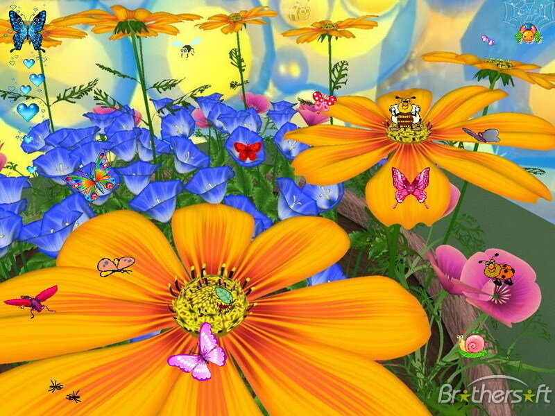 colorful garden with flowers and insects