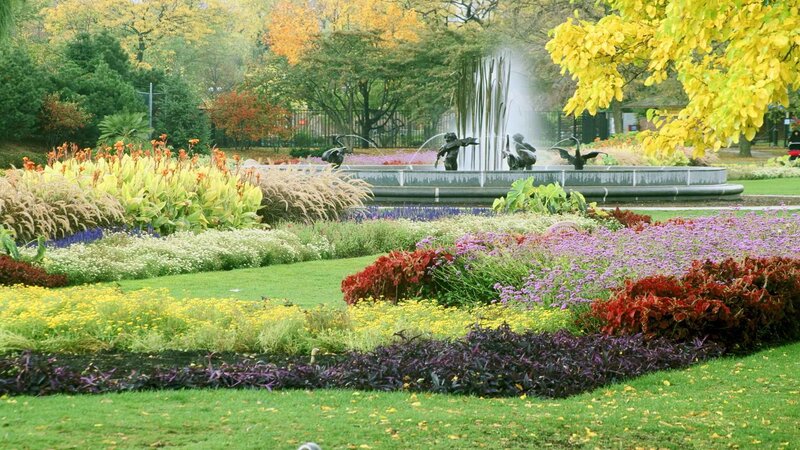 Colorful garden with fountain