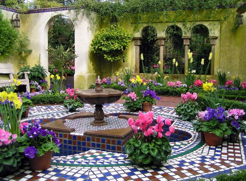 colorful garden with fountain