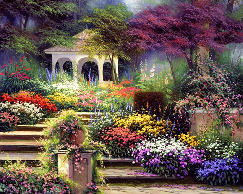 Colorful Garden with Gazebo — Green, Serene, Afternoon, Painting, Flowers