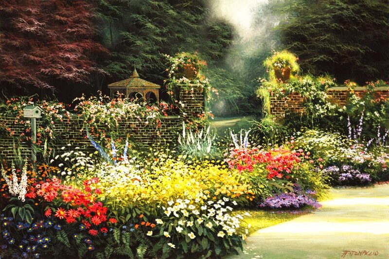 Colorful Garden with Gazebo — Green, Serene, Afternoon, Painting