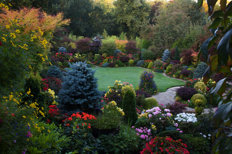 Colorful Garden with Gazebo — Green, Serene, Afternoon