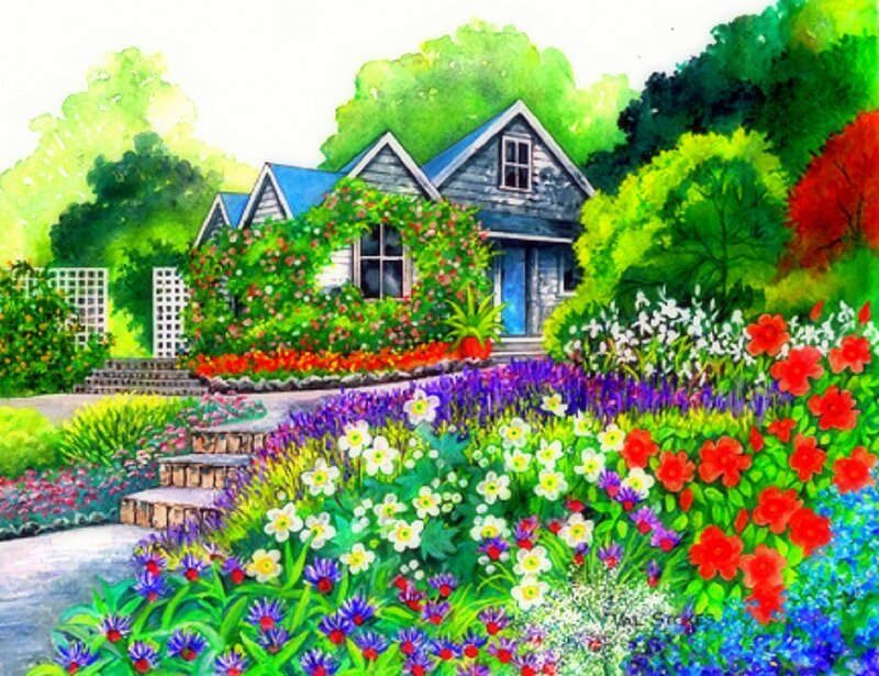 Colorful Garden with House — Green, Serene, Afternoon