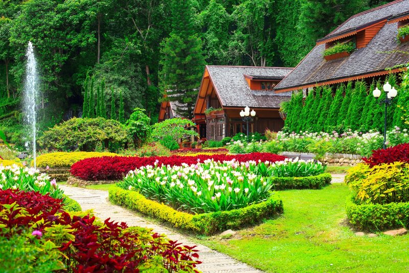 Colorful Garden with House — Green, Serene