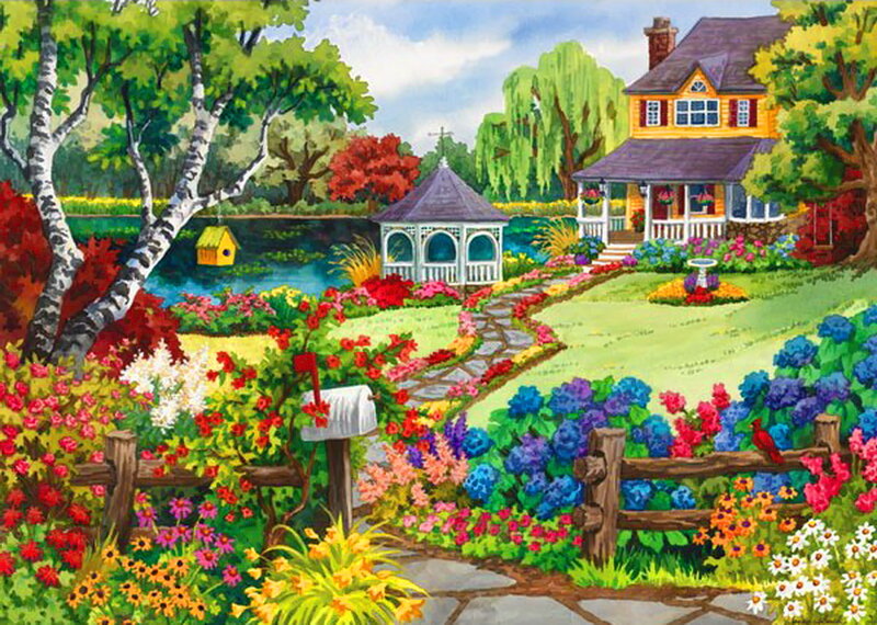 Colorful Garden with House — Green