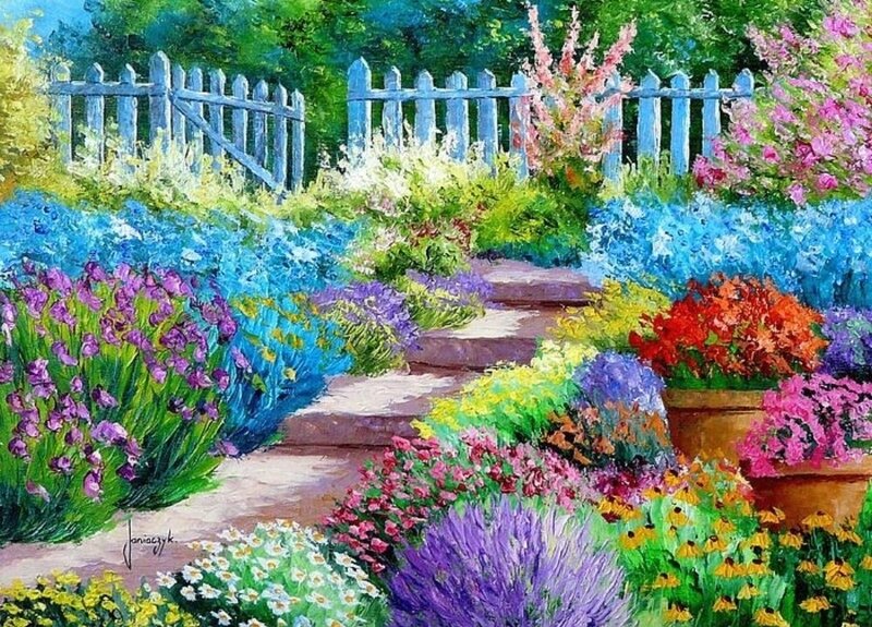 Colorful Garden with Path — Blue