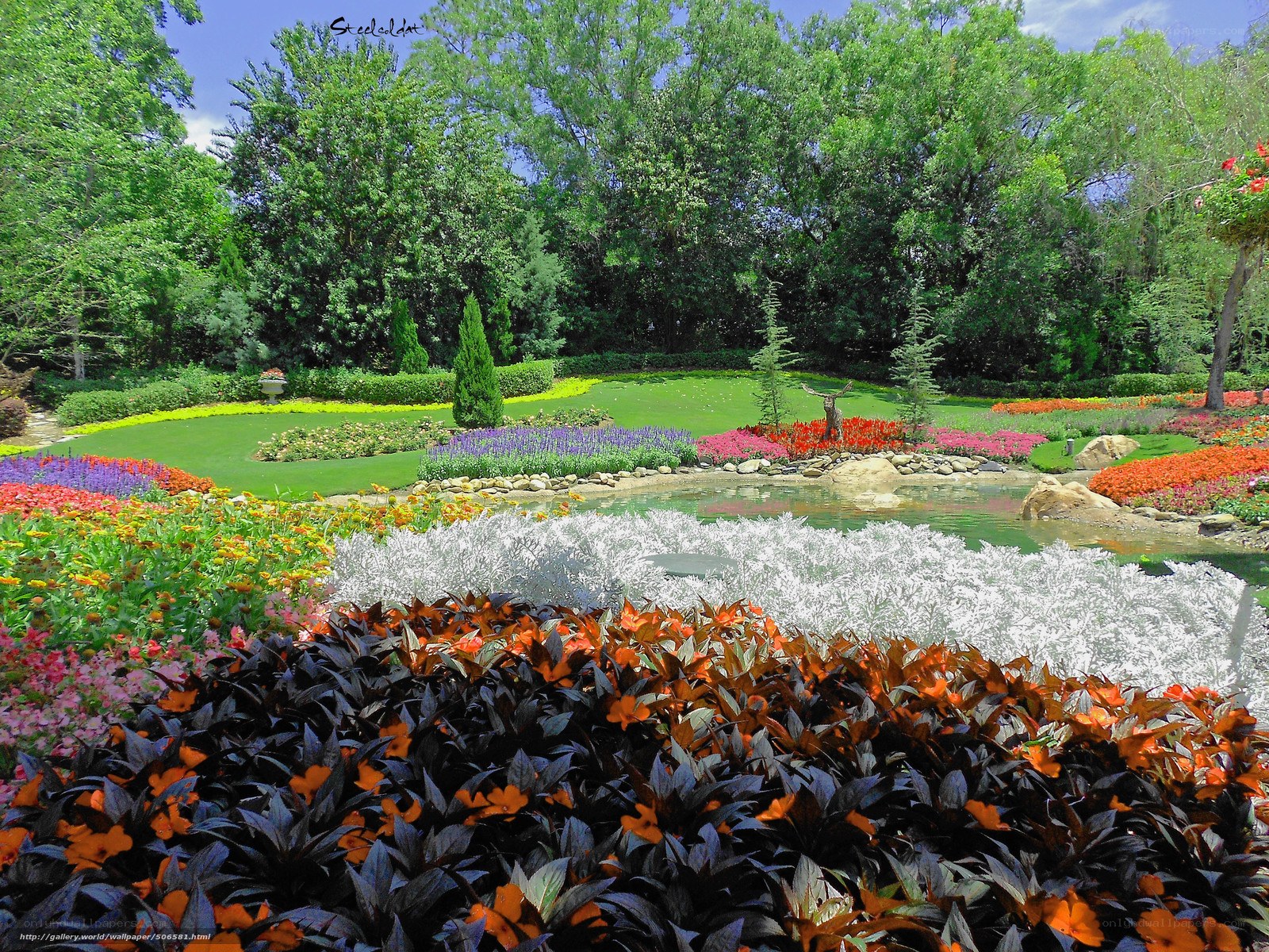 Colorful garden with pond