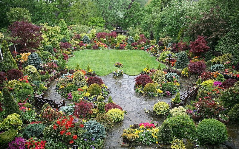 colorful garden with stone path