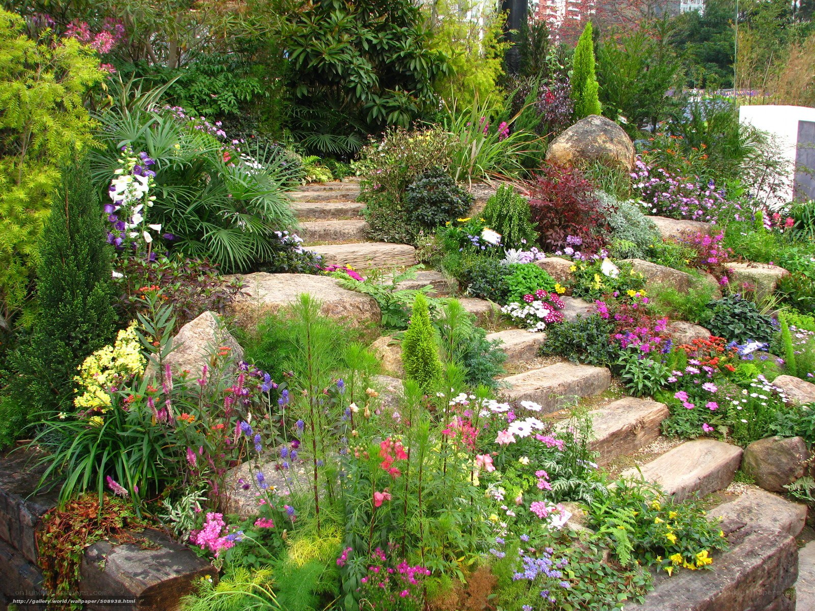 colorful garden with stone steps