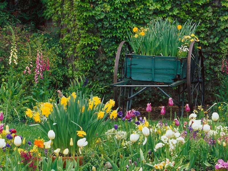 Colorful garden with vintage wagon