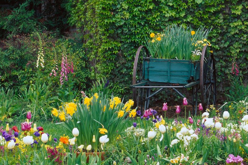 colorful garden with wagon