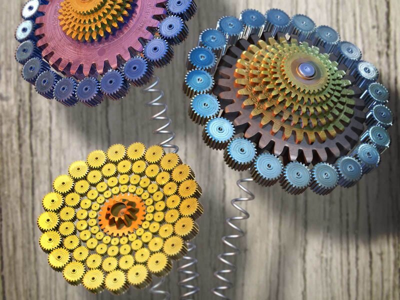Colorful gear mechanisms on springs