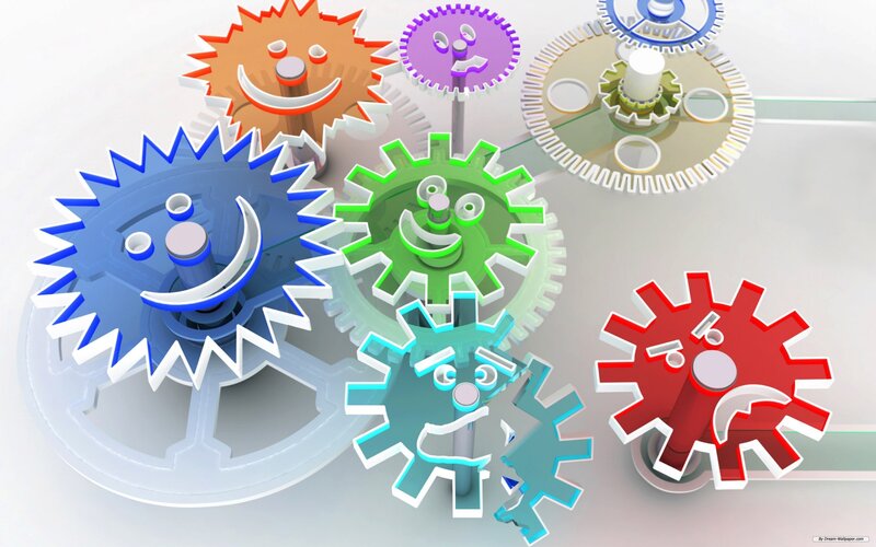 colorful gears with faces