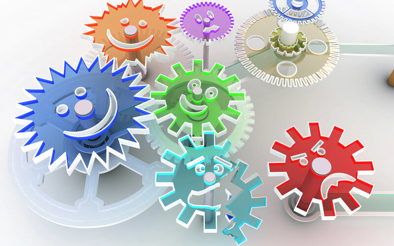 colorful gears with faces