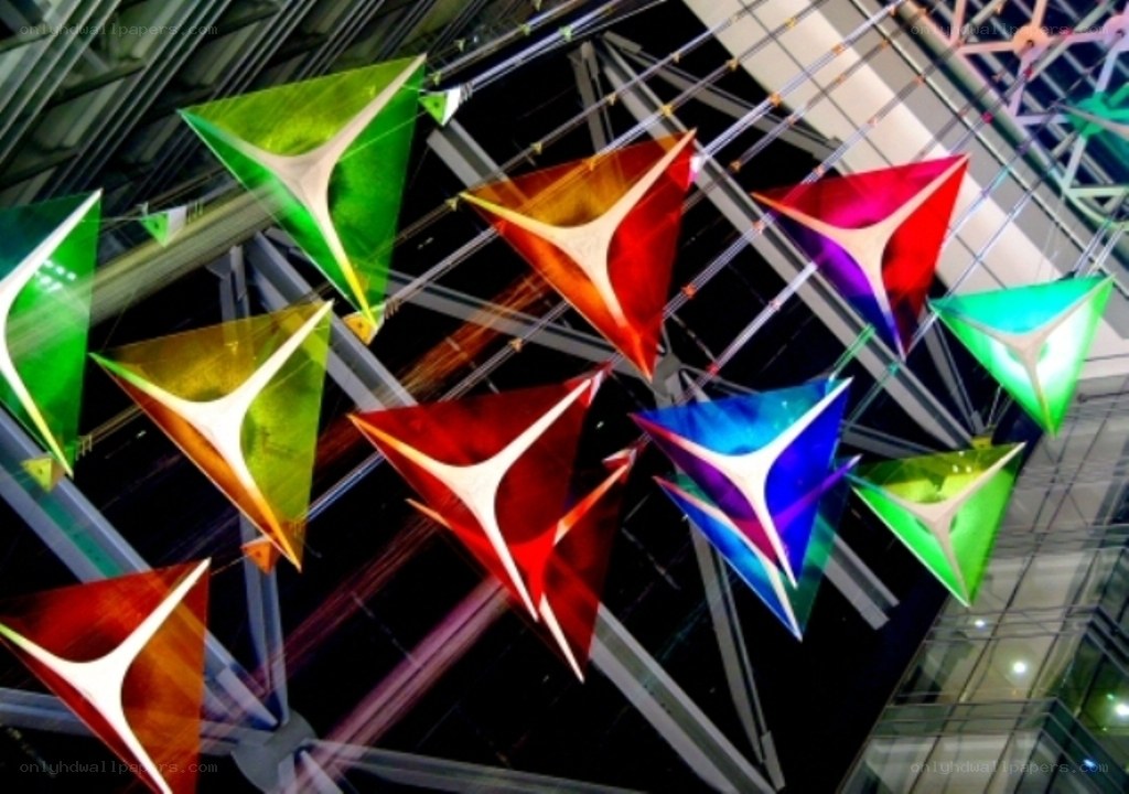 Colorful geometric sculptures hanging