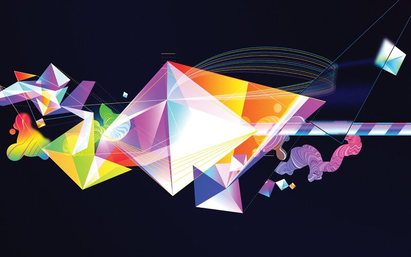 Colorful Geometric Shapes — Purple, Dynamic, Digital Art, Pyramids