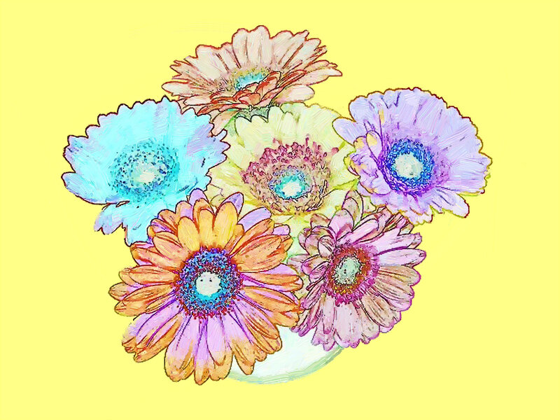Colorful Gerbera Daisies — Yellow, Bright, Digital Art