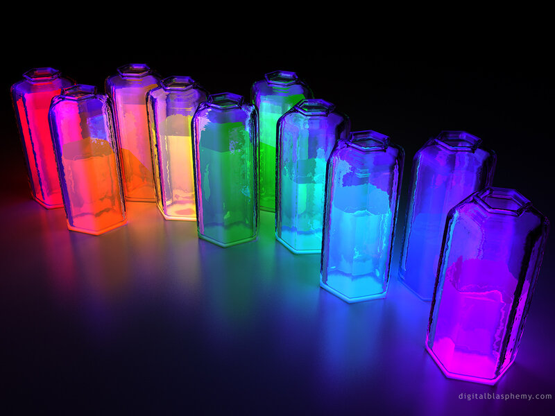 Colorful glass bottles in a row