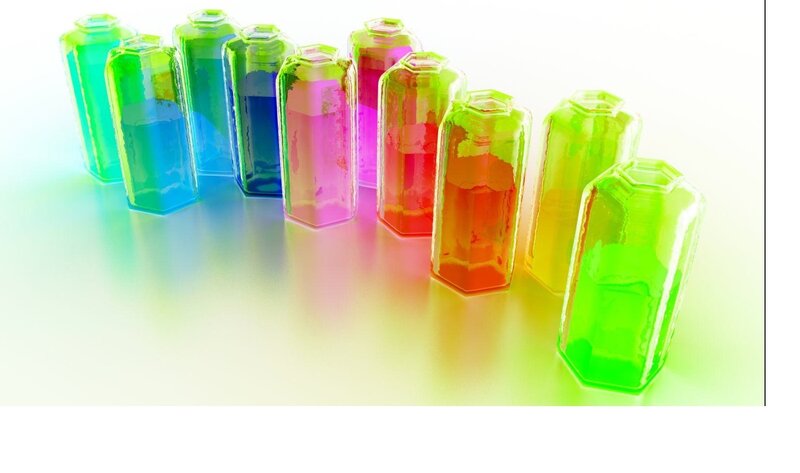 Colorful glass bottles in a row