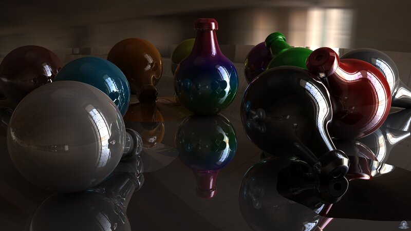 Colorful glass bottles on reflective surface