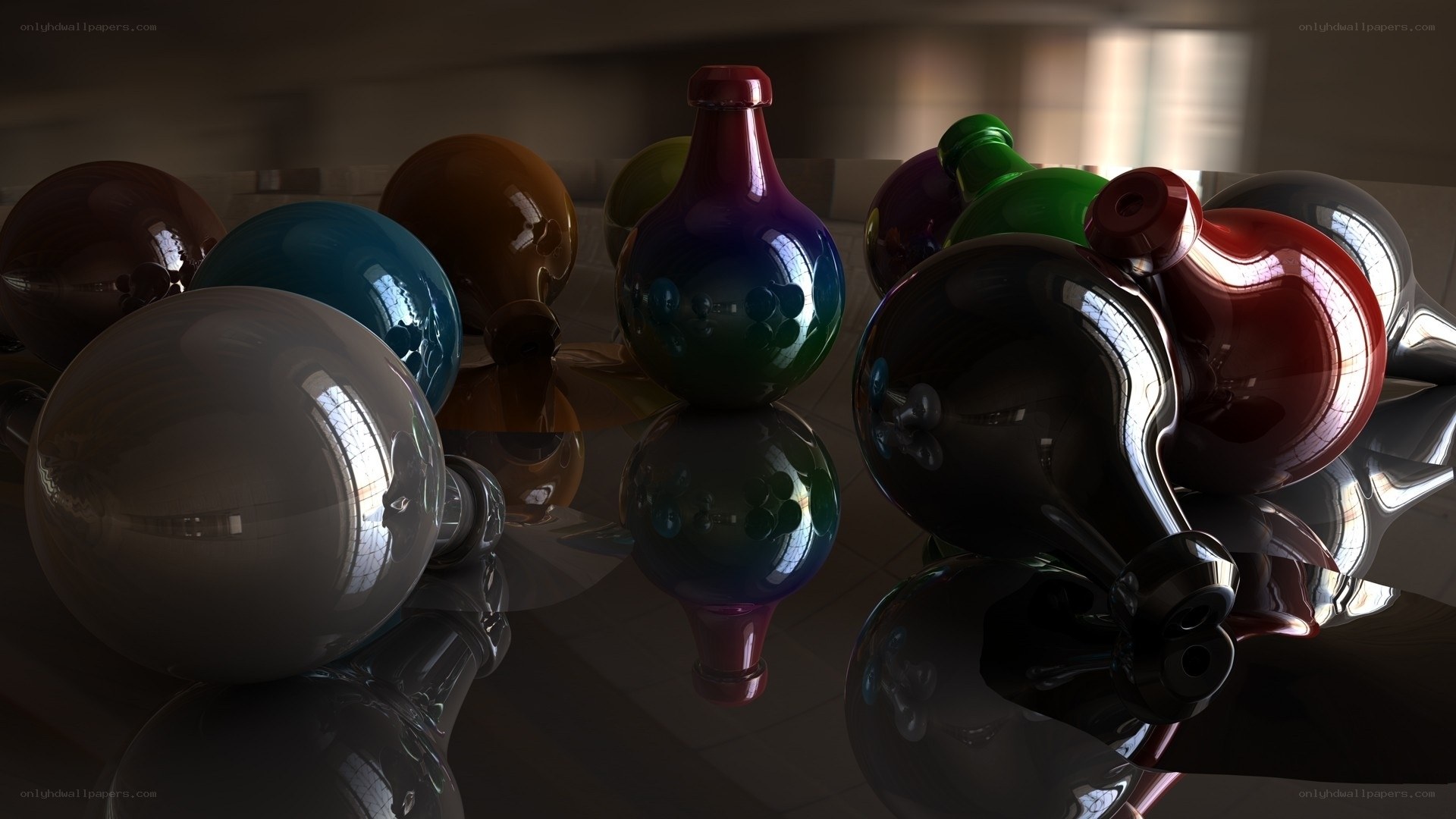 Colorful glass bottles on reflective surface