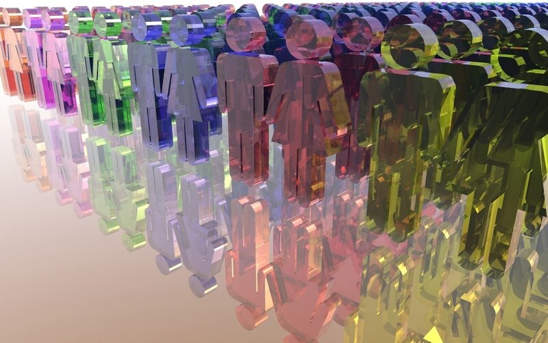 Colorful glass figures in rows