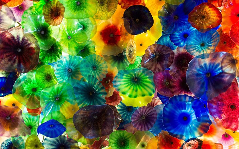 Colorful Glass Flowers — Blue, Vibrant, Photograph, Art, Green
