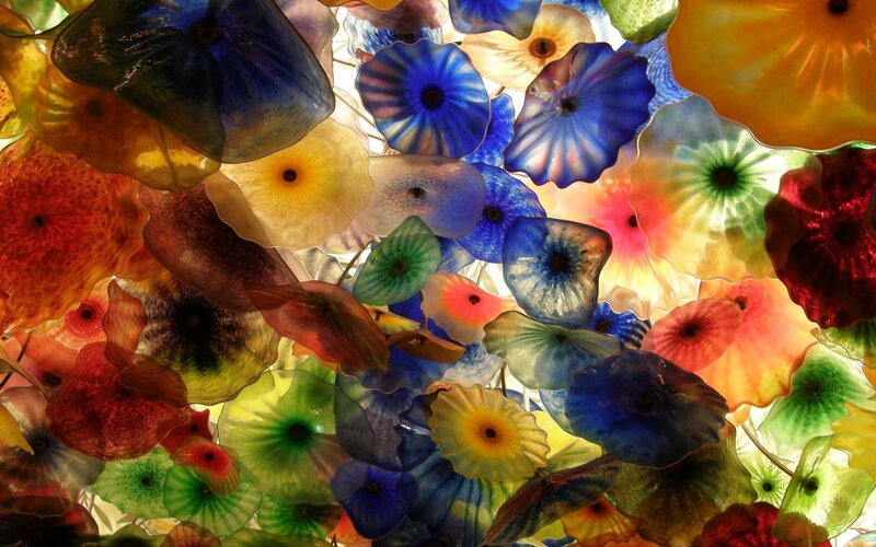 Colorful Glass Flowers — Blue, Vibrant, Photograph, Ceiling, Yellow