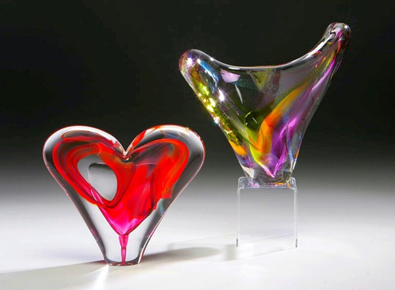 Colorful glass heart sculptures