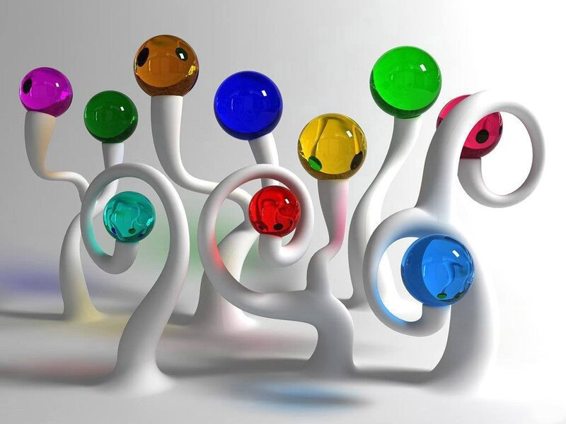 Colorful glass orbs on white stems