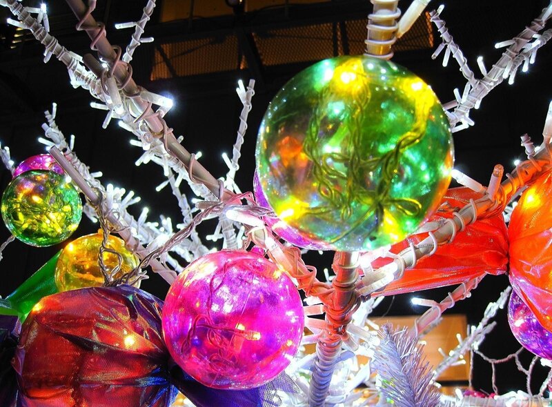Colorful glass ornaments on lights