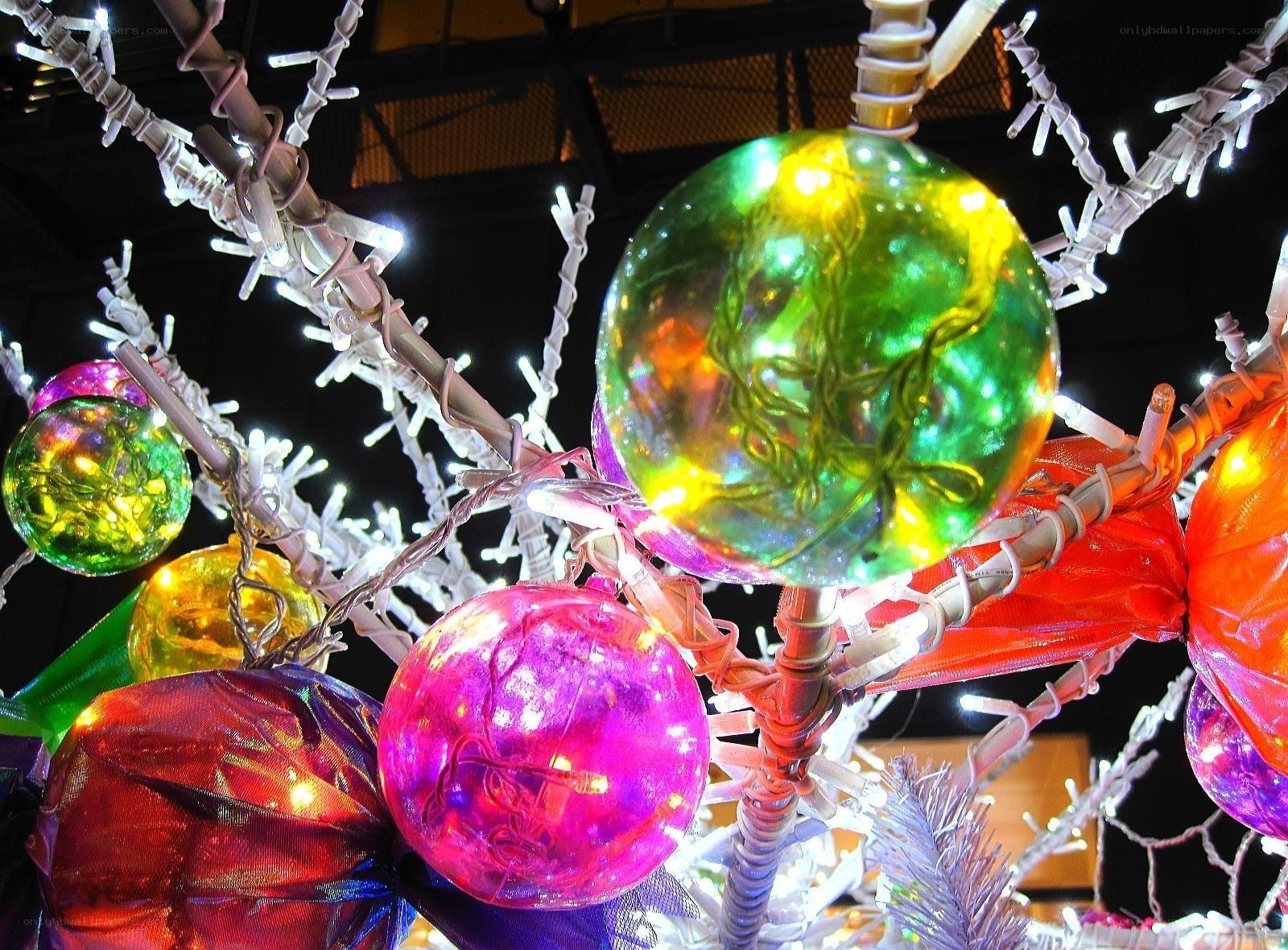 Colorful glass ornaments on lights