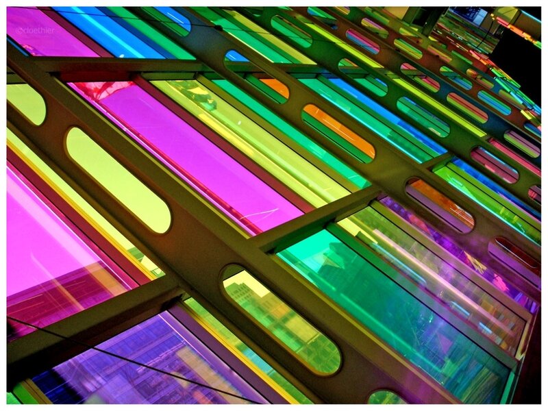 Colorful glass panels in a modern structure