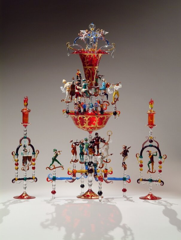 Colorful glass sculpture with musicians