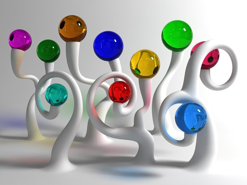 Colorful glass spheres on white forms