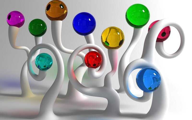 Colorful glass spheres on white stems