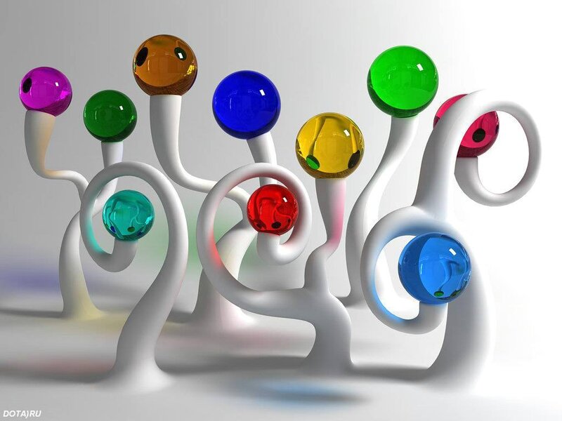 Colorful glass spheres on white stems