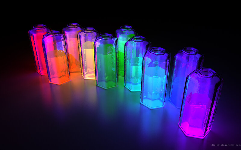 Colorful glowing bottles