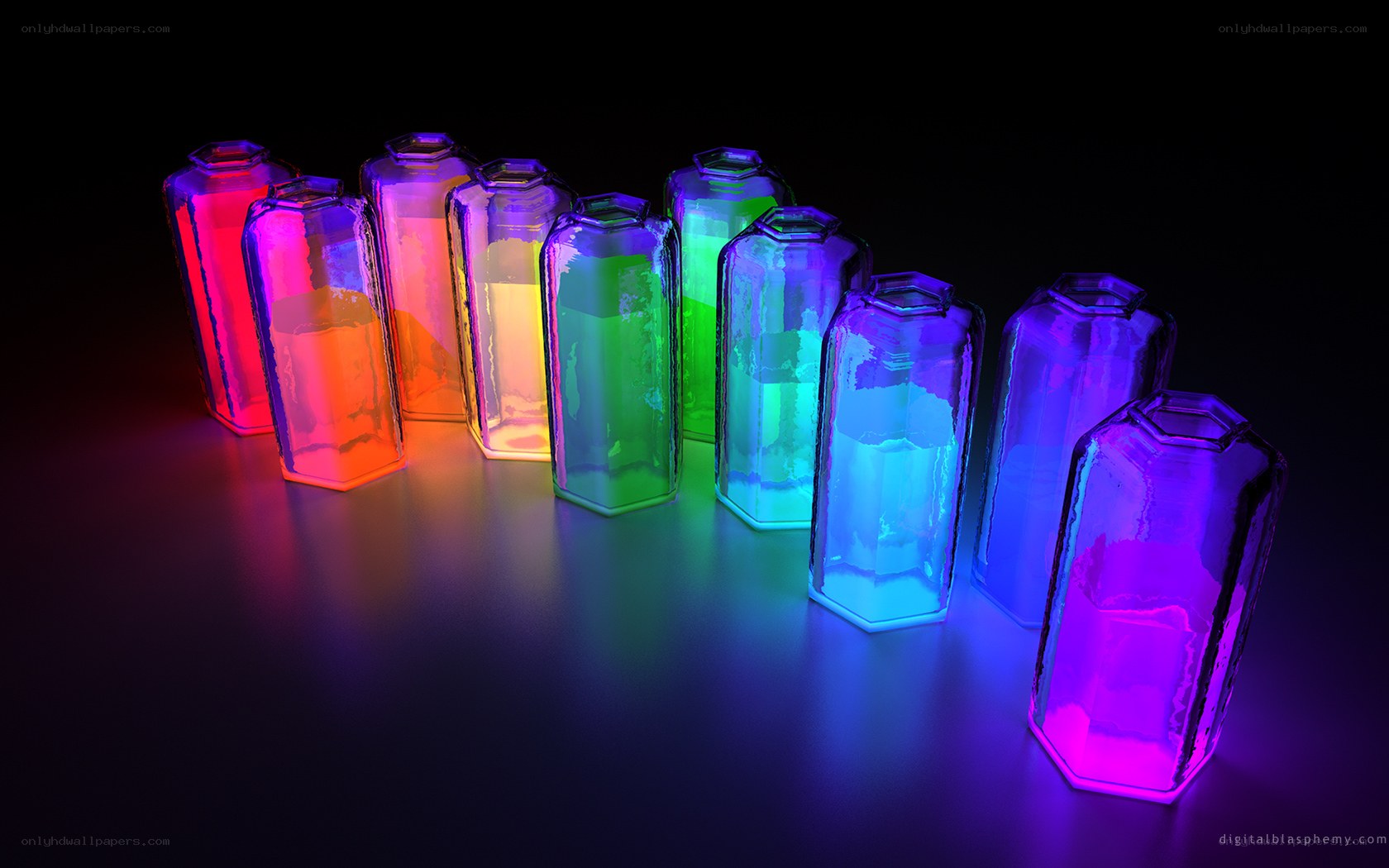 Colorful glowing bottles