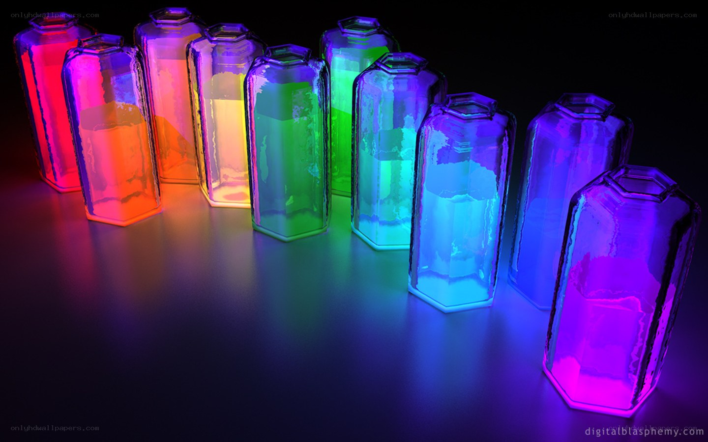 Colorful glowing bottles
