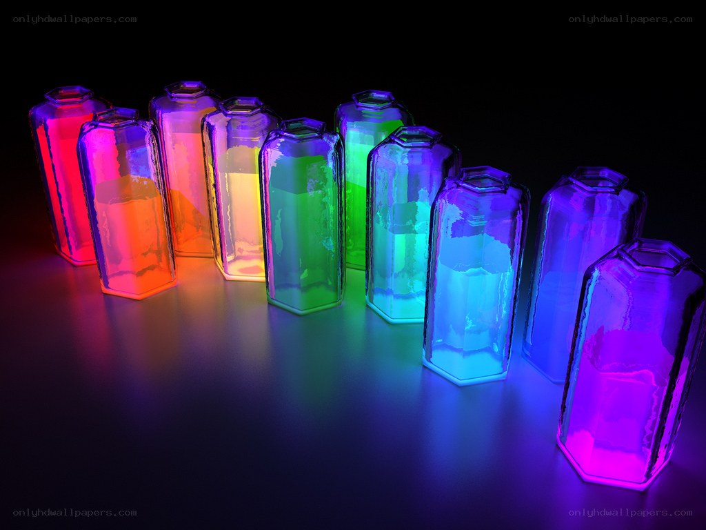 Colorful glowing bottles