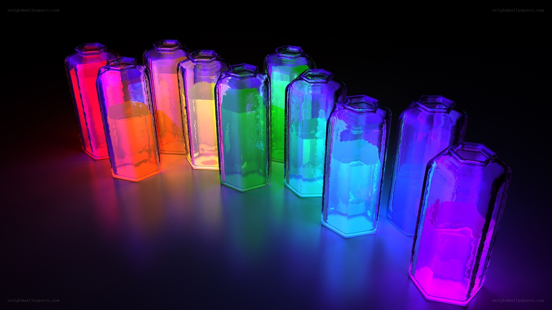 Colorful glowing bottles