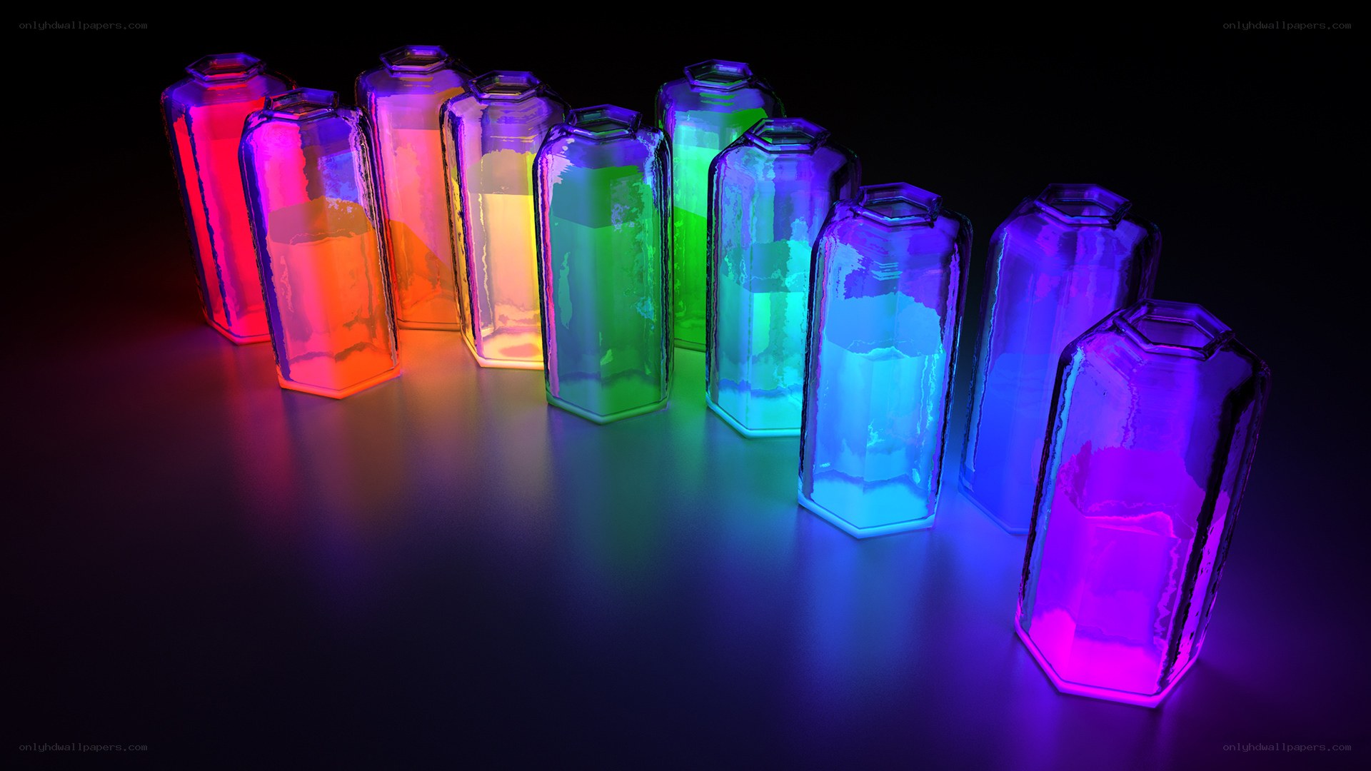 Colorful glowing bottles