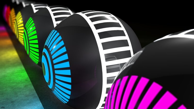 colorful glowing spheres in a row