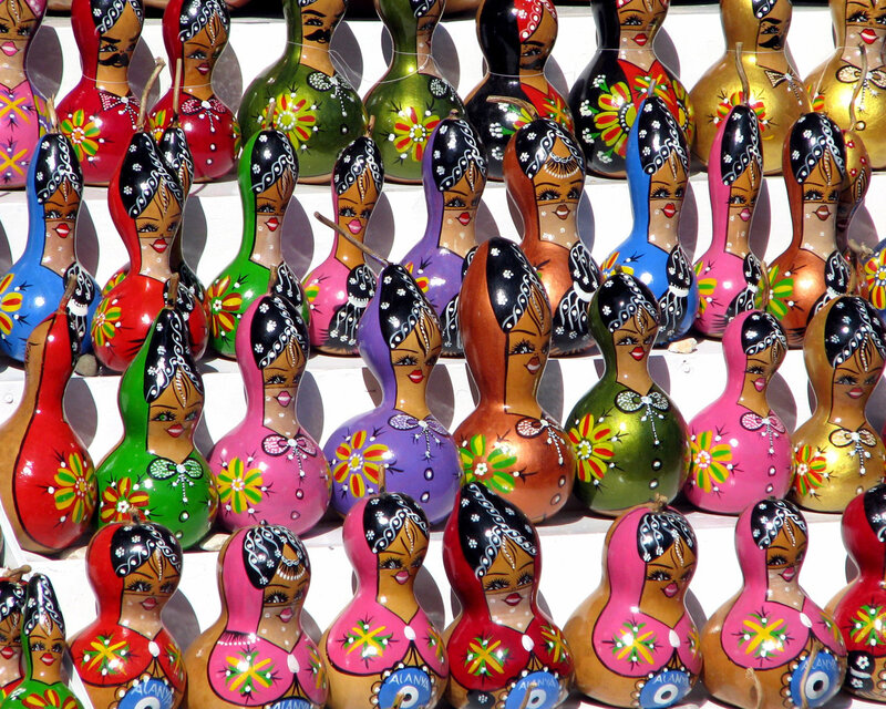Colorful gourd figurines on display